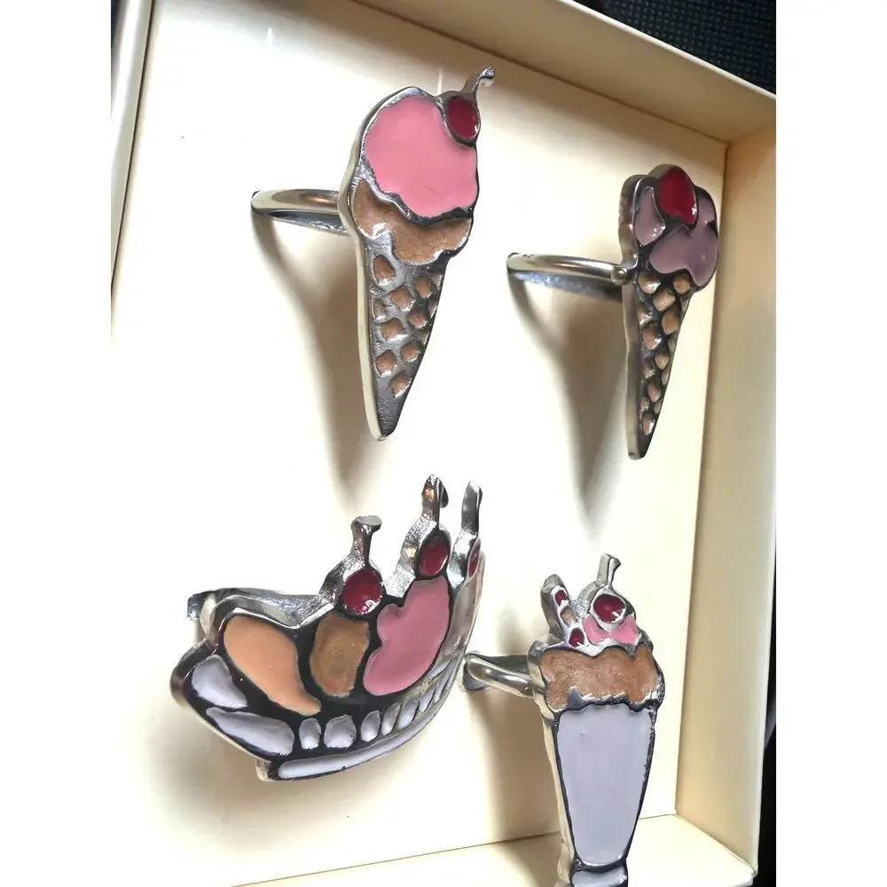 Vintage Pottery Barn Ice Cream Napkin Rings Set of 4 Enamel New In Box